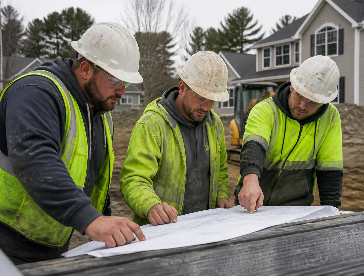 Forten Pro style construction team reviewing project plans at an organized job site