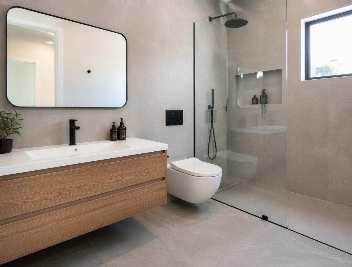 Renovated bathroom with walk-in glass shower, tile walls and floating vanity