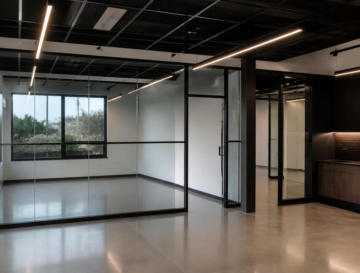Completed commercial office buildout with glass partition walls and polished concrete floor