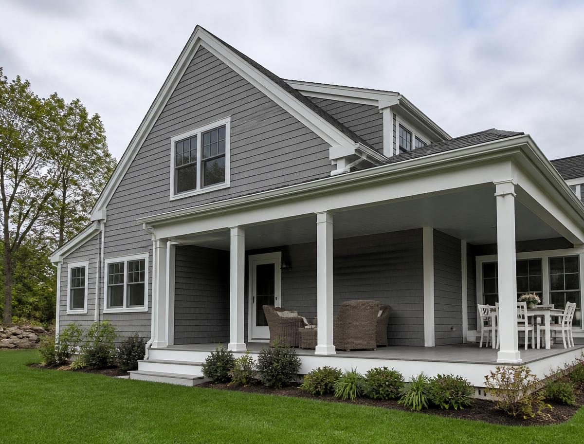 Home exterior with new siding, front porch and composite deck