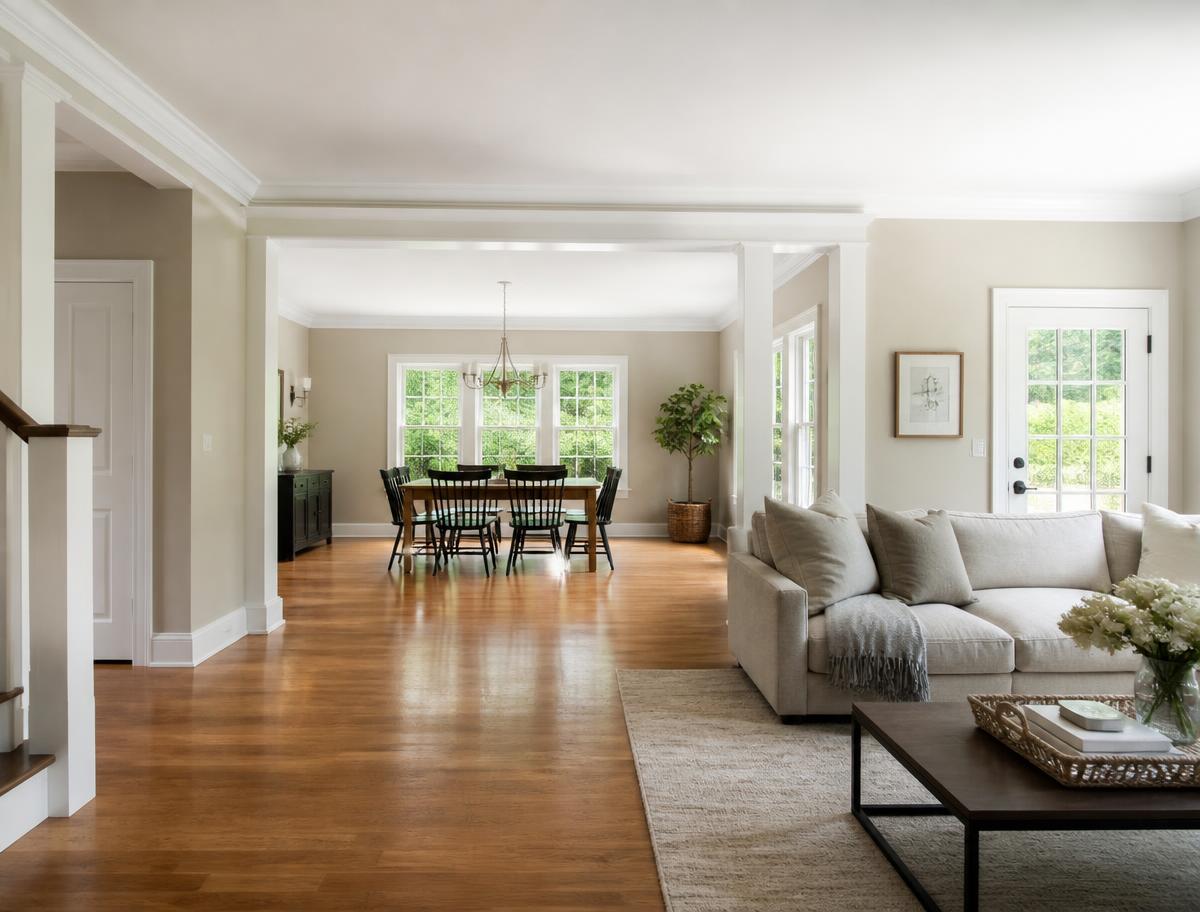 Open plan living and dining room after an interior renovation with new trim and flooring