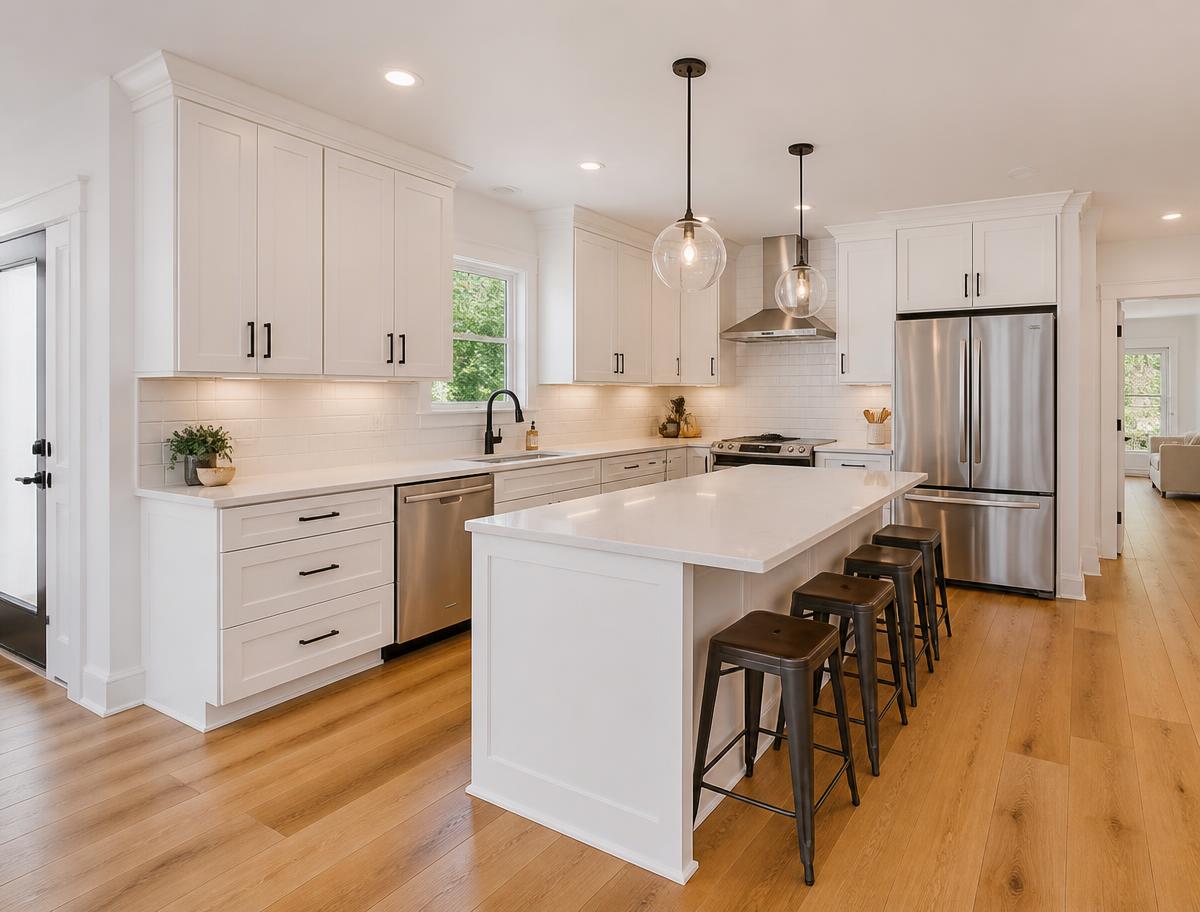 Remodeled kitchen with white shaker cabinets, quartz island and hardwood flooring