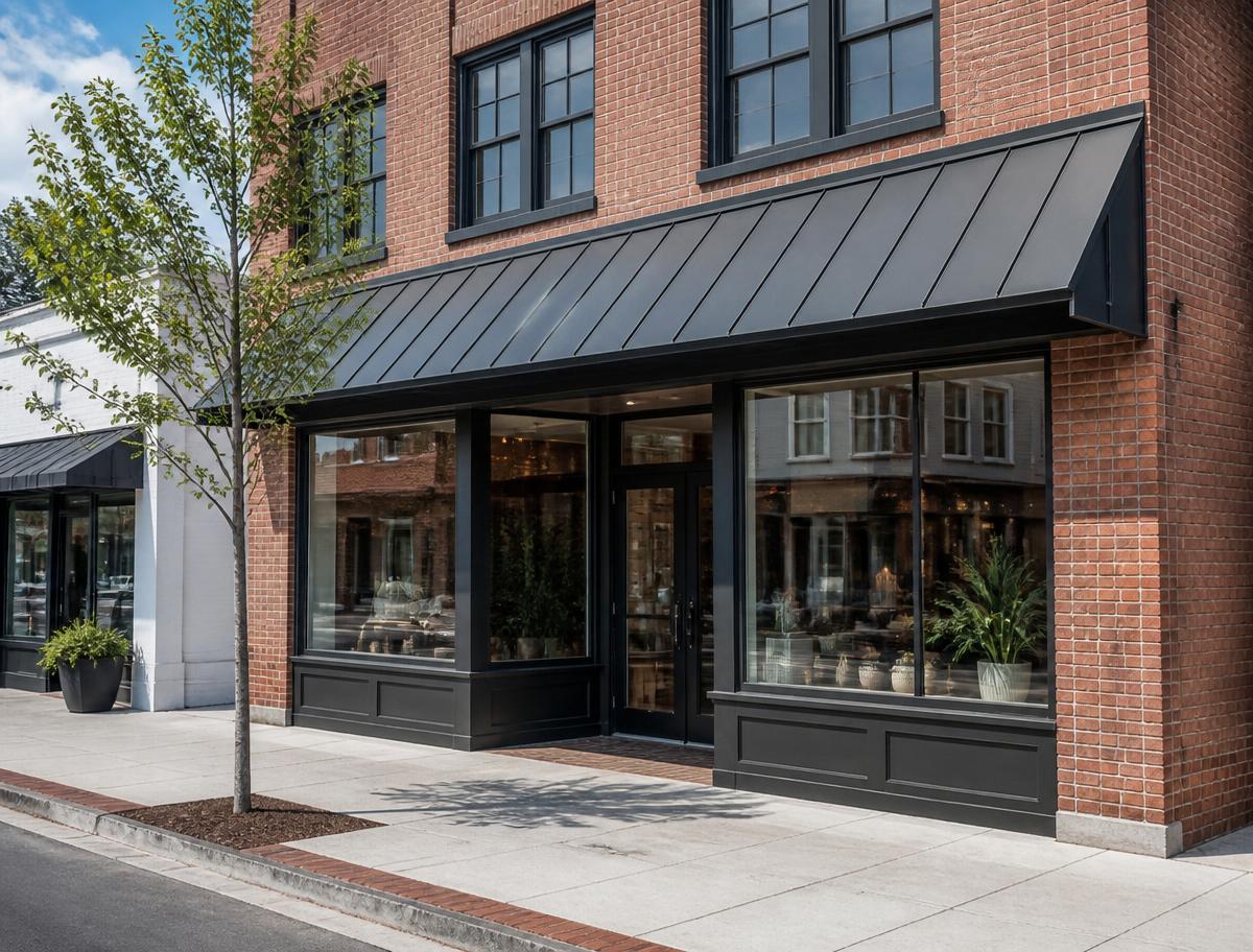 Renovated brick retail storefront with large windows and new metal awnings